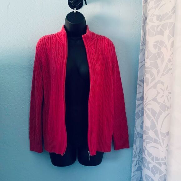 Tabi Fuchsia Pink & Green Cable Knit Zip Up Sweater Size Medium - Picture 6 of 9